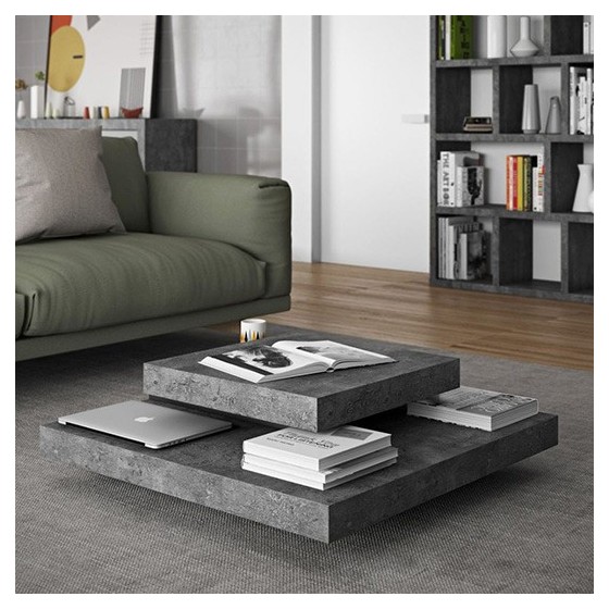 Table basse design carré 90x90, effet béton et noir, Gamme slate
