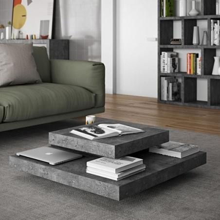 Table basse design carré 90x90, effet béton et noir, Gamme slate