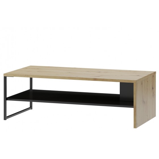 Table basse, 120 cm de longueur, pied en métal, couleur chêne artisanal avec éléments noirs mats, Ga