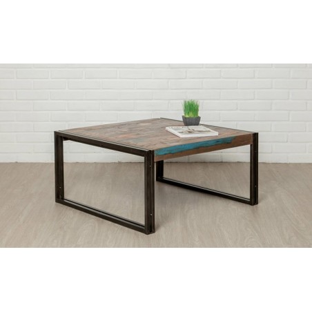 Table basse carrée en teck et métal, Gamme atelier