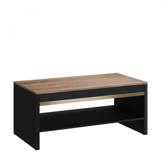 Table basse 110 cm de longueur, 1 tiroir, couleur noir et bois, Gamme ARIZONA