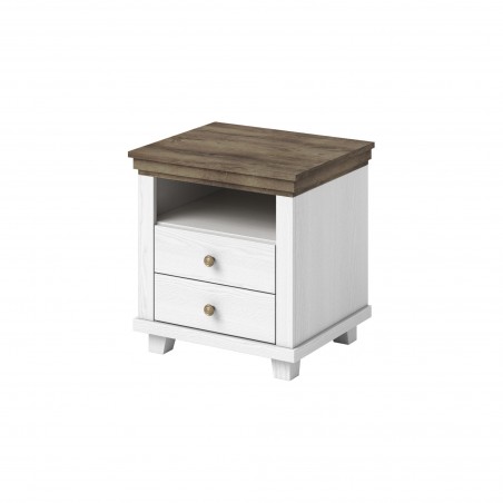 Table de chevet 2 tiroirs et 1 niche, couleur bois et blanc, Gamme EvoBlanc