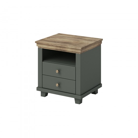 Table de chevet 2 tiroirs et 1 niche, couleur bois et vert, Gamme EvoVert