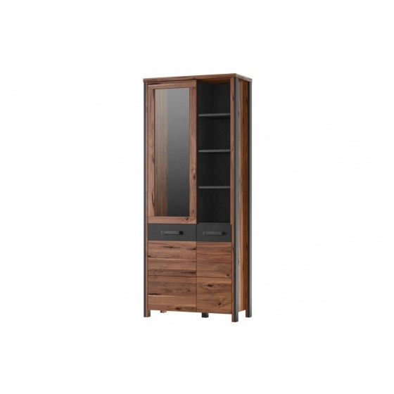 Vaisselier et vitrine 2 portes  4 niches, couleur bois et tiroir noir, Gamme BuffoB