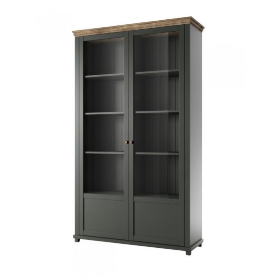 Vaisselier et vitrine haut, 2 portes 8 niches, couleur vert et chêne, Gamme Evovert