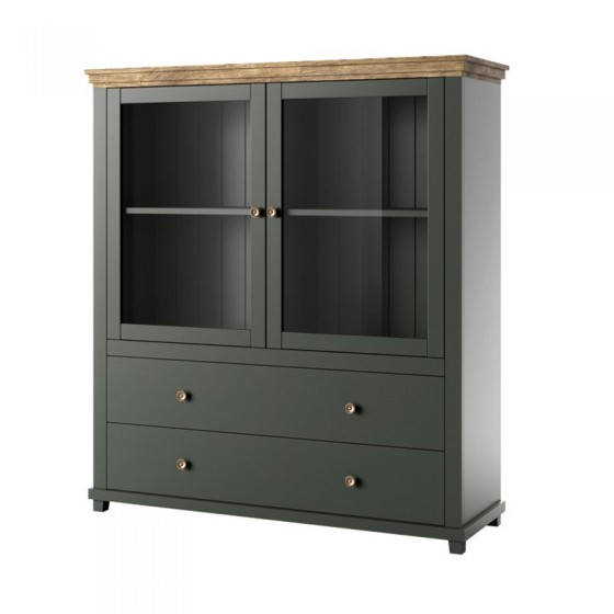 Vaisselier et vitrine haut, 2 portes 2 tiroirs et 4 niches, couleur vert et chêne, Gamme Evovert