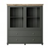 Vaisselier et vitrine haut, 2 portes 2 tiroirs et 4 niches, couleur vert et chêne, Gamme Evovert