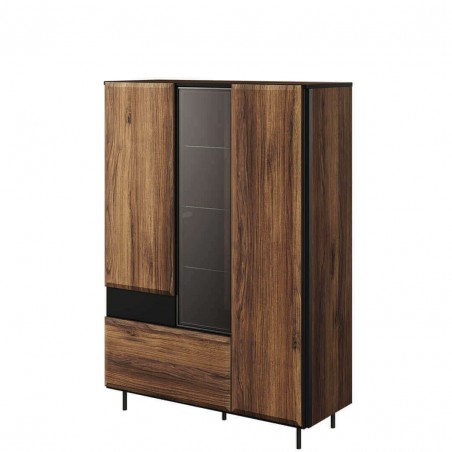 Vaisselier 3 portes, 1 tiroir, couleur noir et bois, Gamme SANTANA