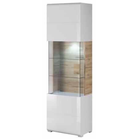 Vaisselier et vitrine 1 porte 7 niches, couleur blanc et chêne, Gamme Dole