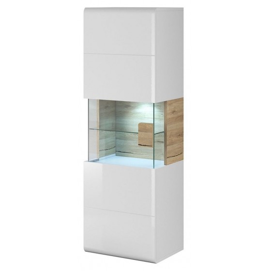 Vaisselier et vitrine 1 porte 7 niches, poigne en bois, couleur blanc et chêne, Gamme Dole