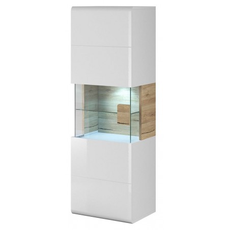 Vaisselier et vitrine 1 porte 7 niches, poigne en bois, couleur blanc et chêne, Gamme Dole