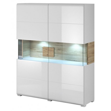 Vaisselier et vitrine 2 portes 9 niches, poigne en bois, couleur blanc et chêne, Gamme Dole