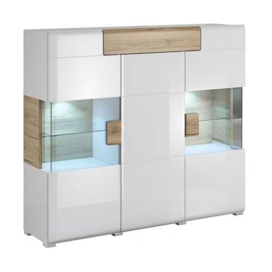 Vaisselier et vitrine 3 portes 1 tiroir et 13 niches, poigne en bois, couleur blanc et chêne, Gamme