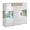 Vaisselier et vitrine 3 portes 1 tiroir et 13 niches, poigne en bois, couleur blanc et chêne, Gamme
