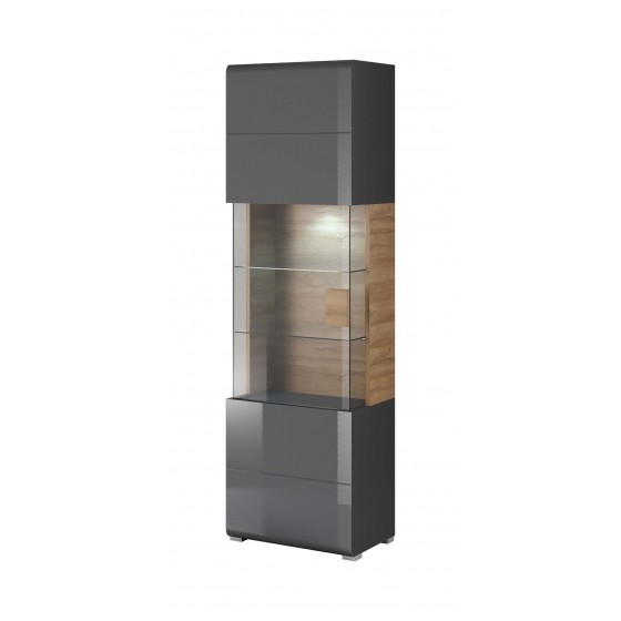 Vaisselier et vitrine 1 porte 7 niches, couleur gris et chêne, Gamme Dole b