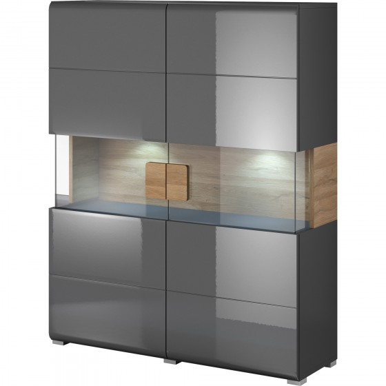 Vaisselier et vitrine 2 portes 9 niches, poigne en bois, couleur gris et chêne, Gamme Dole b