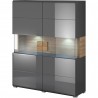 Vaisselier et vitrine 2 portes 9 niches, poigne en bois, couleur gris et chêne, Gamme Dole b