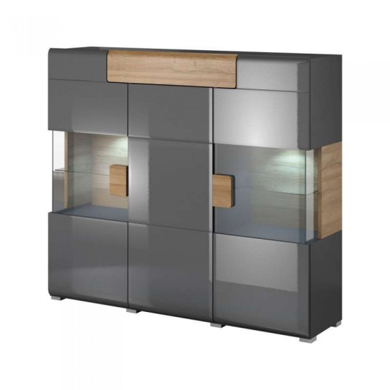 Vaisselier et vitrine 3 portes 1 tiroir et 13 niches, poigne en bois, couleur gris et chêne, Gamme D