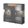 Vaisselier et vitrine 3 portes 1 tiroir et 13 niches, poigne en bois, couleur gris et chêne, Gamme D