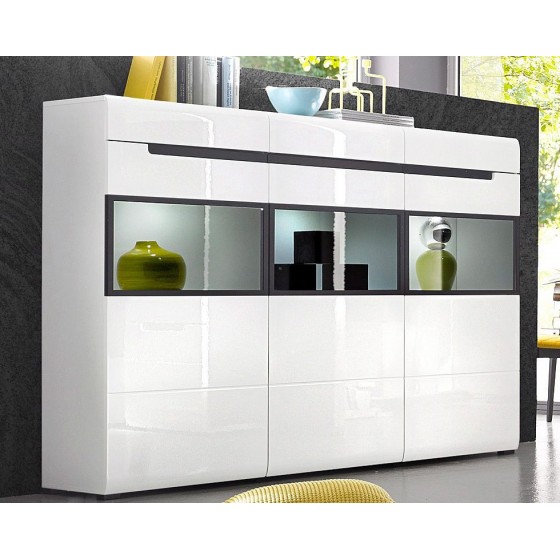 Buffet haut 3 portes 3 tiroirs et 9 niches, couleur blanc et noir, Gamme TOREK