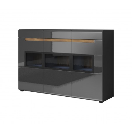 Buffet 3 portes  3 tiroirs, couleur gris anthracite et bois, Gamme TOREK B