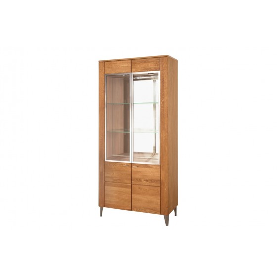 Vaisselier et vitrine, façade en bois massif, 2 portes, 6 niches, couleur chêne miel, Gamme LATINA