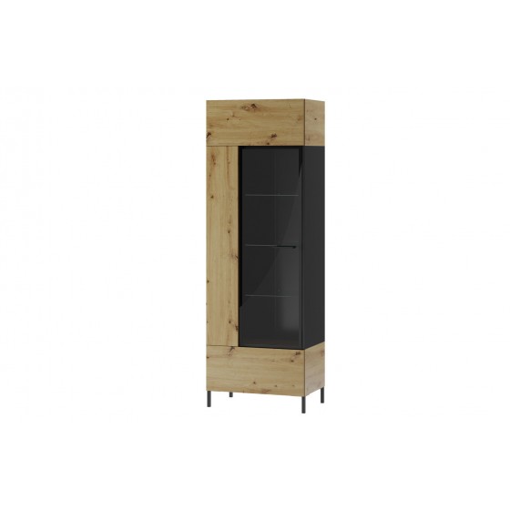 Vaisselier et vitrine, 1 porte, 6 niches, pieds en métal, couleur chêne artisanal avec éléments noir