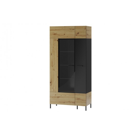 Vaisselier et vitrine, 2 portes, 6 niches, pieds en métal, couleur chêne artisanal avec éléments noi