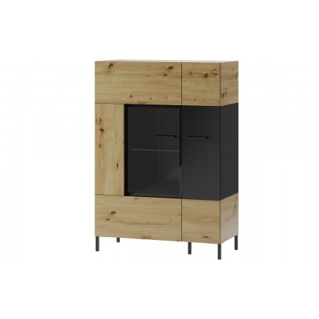 Vaisselier et vitrine, 2 portes, 6 niches, pieds en métal, couleur chêne artisanal avec éléments noi