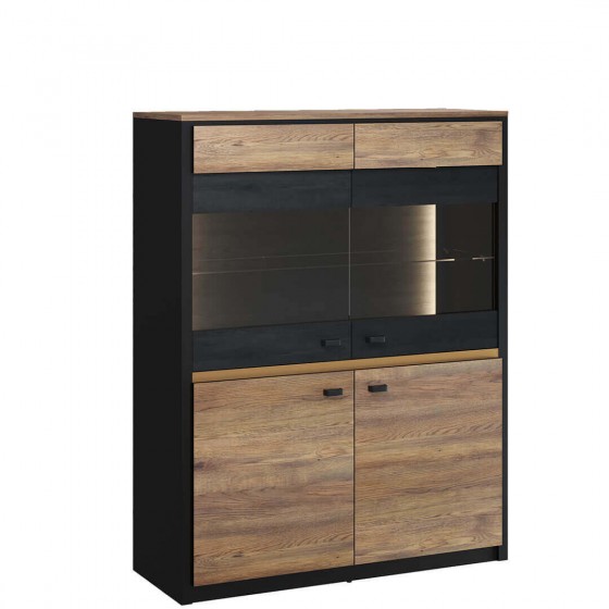 Vaisselier et vitrine 4 portes 4 niches, couleur bois et noir, Gamme ARIZONA