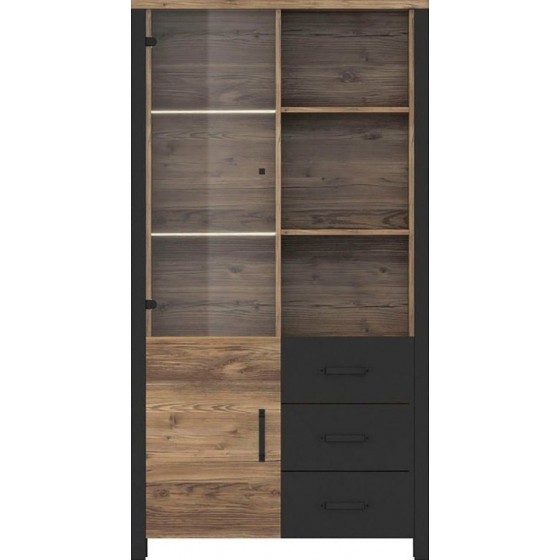 Vaisselier et vitrine 2 portes 3 tiroirs et 3 niches, couleur chêne et noir, Gamme HUD