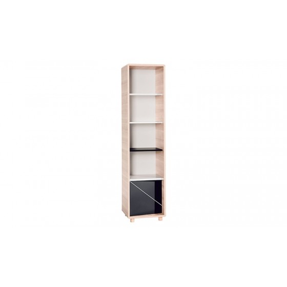 Bibliothèque enfant en bois, blanc, chêne et noir, 4 niches, 1porte, Gamme sintra