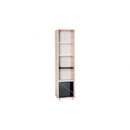 Bibliothèque enfant en bois, blanc, chêne et noir, 4 niches, 1porte, Gamme sintra