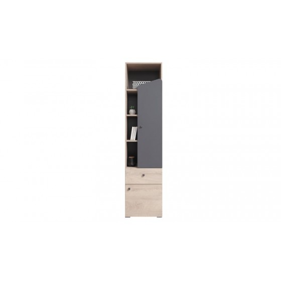 Bibliothèque enfant en bois, chêne et gris, 1 tiroir, 2 portes, 4 niches, Gamme faro