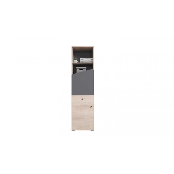 Bibliothèque enfant en bois, chêne et gris, 1 tiroir, 1 porte, 2 niches, Gamme faro