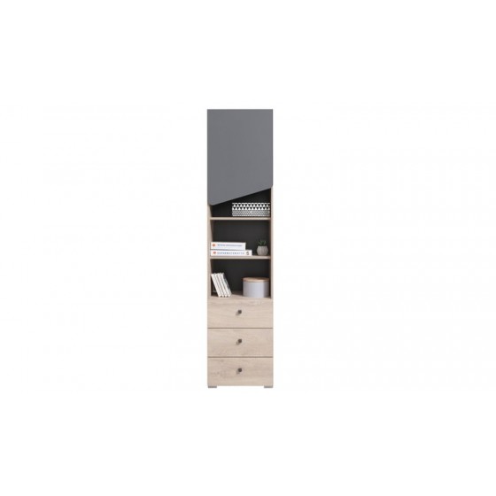 Bibliothèque enfant en bois, chêne et gris, 3 tiroirs, 1porte, 3 niches, Gamme faro