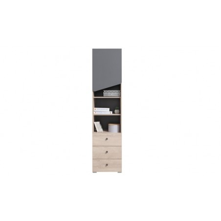 Bibliothèque enfant en bois, chêne et gris, 3 tiroirs, 1porte, 3 niches, Gamme faro