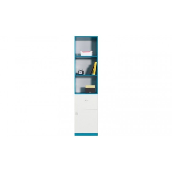 Bibliothèque enfant blanc et bleu en bois, 1 tiroir, 1 porte, 3 niches, Gamme braga