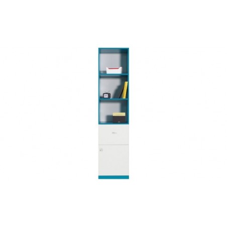 Bibliothèque enfant blanc et bleu en bois, 1 tiroir, 1 porte, 3 niches, Gamme braga