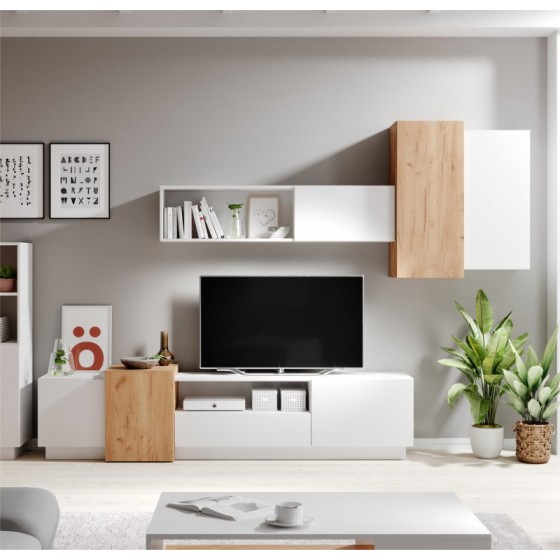 SALON TV COMPLET  DESIGN BLANC ET CHENE ? GAMME NOTTI