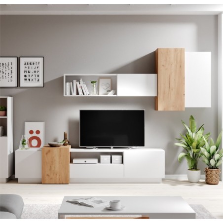 SALON TV COMPLET  DESIGN BLANC ET CHENE ? GAMME NOTTI