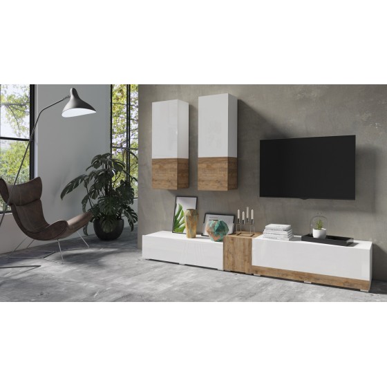 Salon tv complet  design blanc et chene , Gamme flow