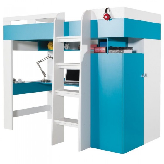 Lit mezzanine enfant en bois blanc et bleu, 1 echelle, espace bureau et rangements, Gamme braga