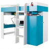 Lit mezzanine enfant en bois blanc et bleu, 1 echelle, espace bureau et rangements, Gamme braga