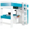 Lit mezzanine enfant en bois blanc et bleu, 1 echelle, espace bureau et rangements, Gamme braga