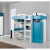 Lit mezzanine enfant en bois blanc et bleu, 1 echelle, espace bureau et rangements, Gamme braga