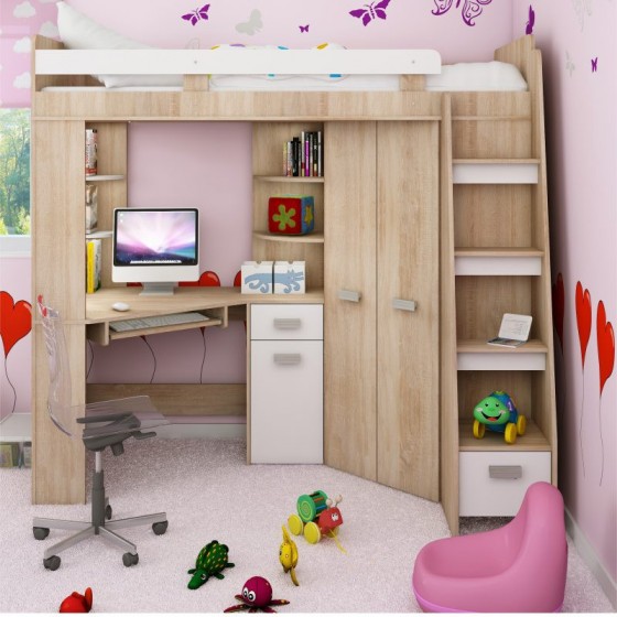 Lit mezzanine enfant en bois, espace bureau et rangements, 1 échelle,  Gamme gramsh