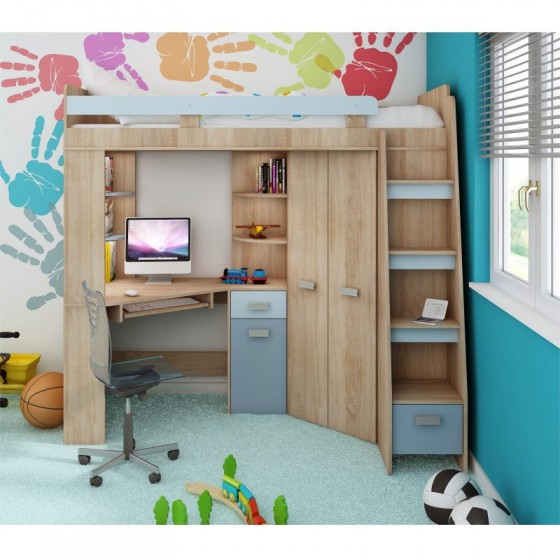 Lit mezzanine enfant en bois, espace bureau et rangements, 1 échelle,  Gamme gramsh
