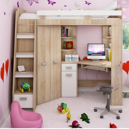Lit mezzanine enfant en bois, espace bureau et rangements, 1 échelle,  Gamme gramsh