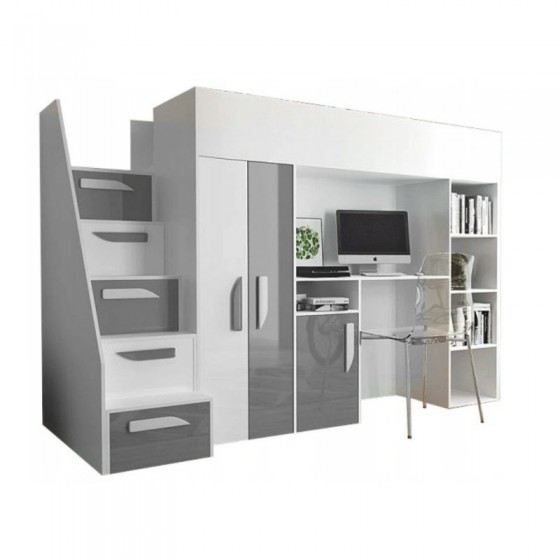 Lit combiné enfant 90x200  avec escalier et rangements, Gamme dream